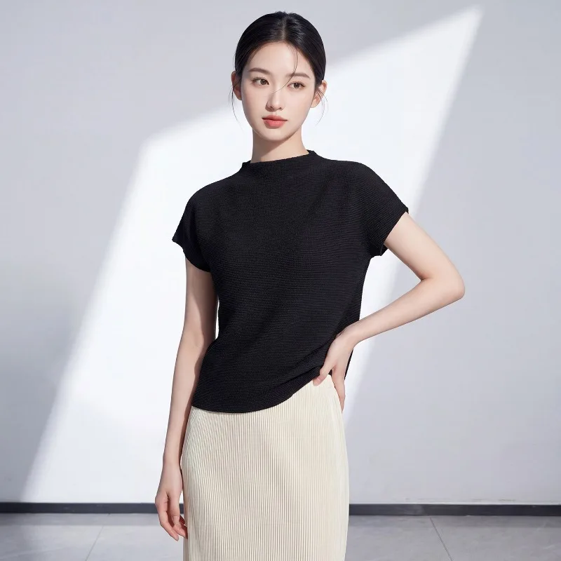 Miyake Pleated 2026 Summer New Women's Fashion High-end Solid Color Simple Versatile Pullover Short Sleeve T-shirt Top Trendy