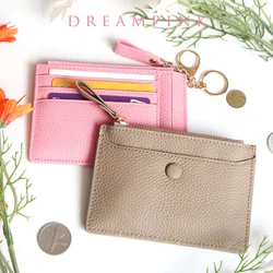 Genuine Leather Zip Card Holder Wallet Fashion Women Short Wallet With Keychain Cowhide Small Card Case Coin Purse