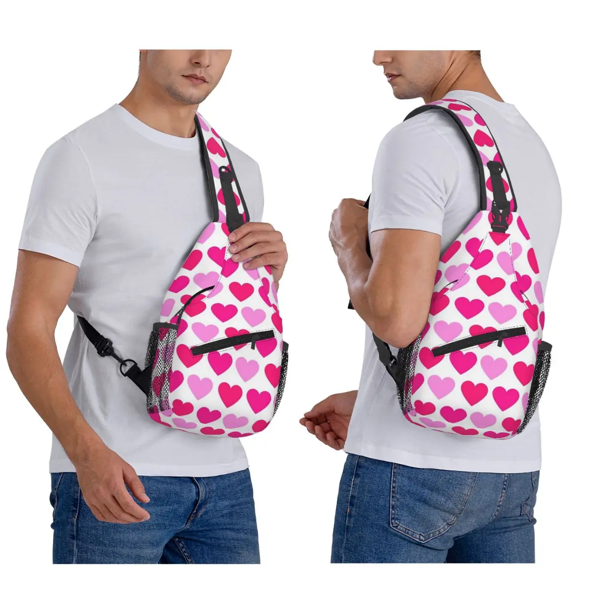 PINK HEART Chest Bag Men Sling Crossbody Backpack Chest Bag Travel Hiking Daypack Shoulder Bag