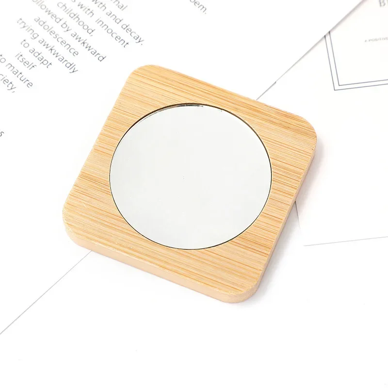 50Pcs Bamboo Small Hand Pocket Makeup Mirror Dia 7.2cm Portable Round Mini Beauty Cosmetic Frame Mirror