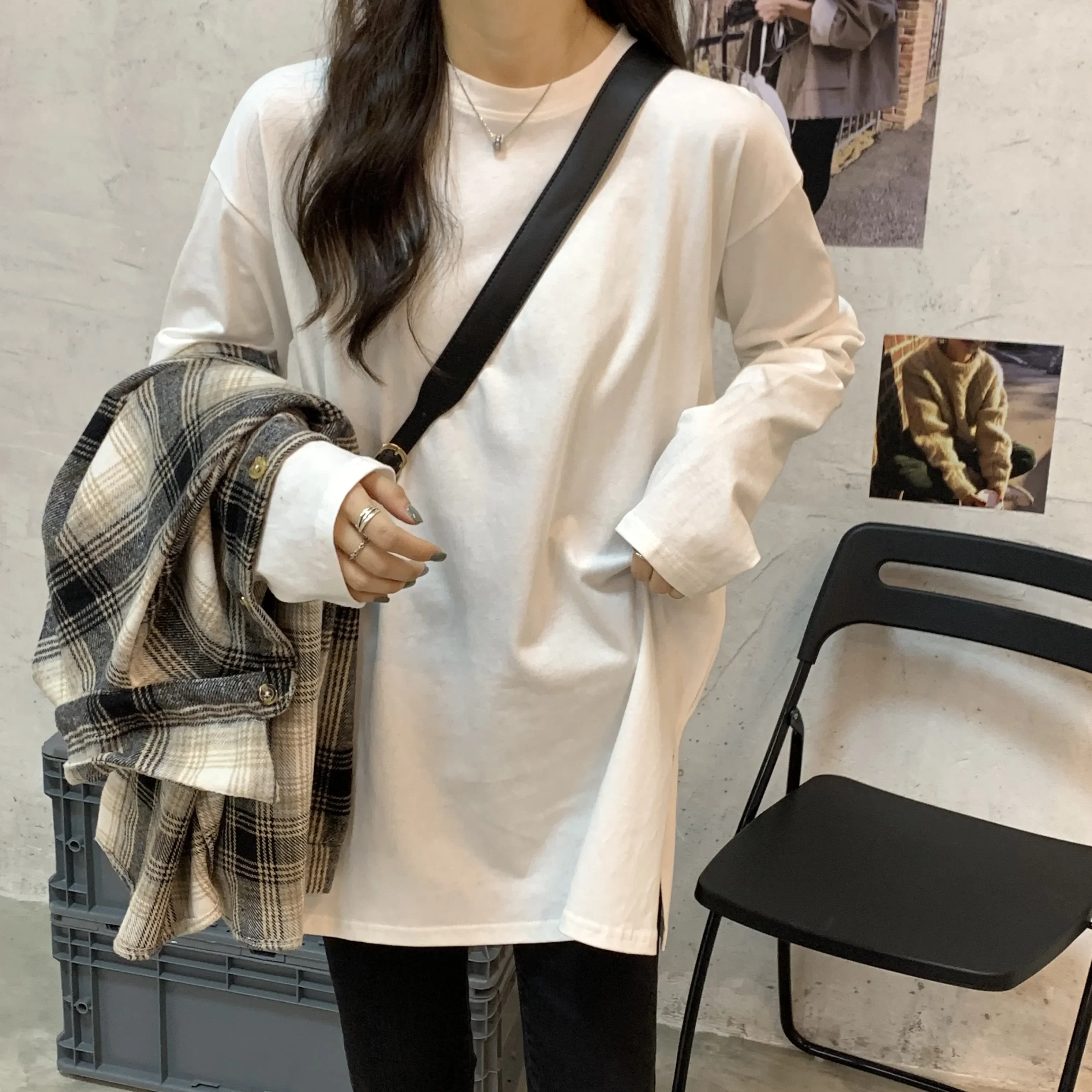 Pure cotton white long-sleeved T-shirt in the spring and autumn winter woman inside take render unlined upper garment jacket