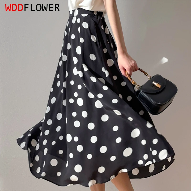 Women Silk Skirt 100% Mulberry Silk 16 Momme Black Dots Printed Long Type Skirt With Lining Summer Beach Big Hem M L M1078