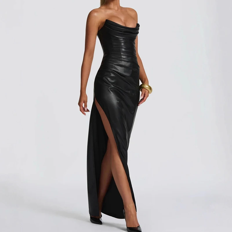 Vestido Sexy de cintura alta sin tirantes para mujer, vestido largo informal con abertura lateral de Color sólido, vestido de banquete calado con espalda descubierta a la moda