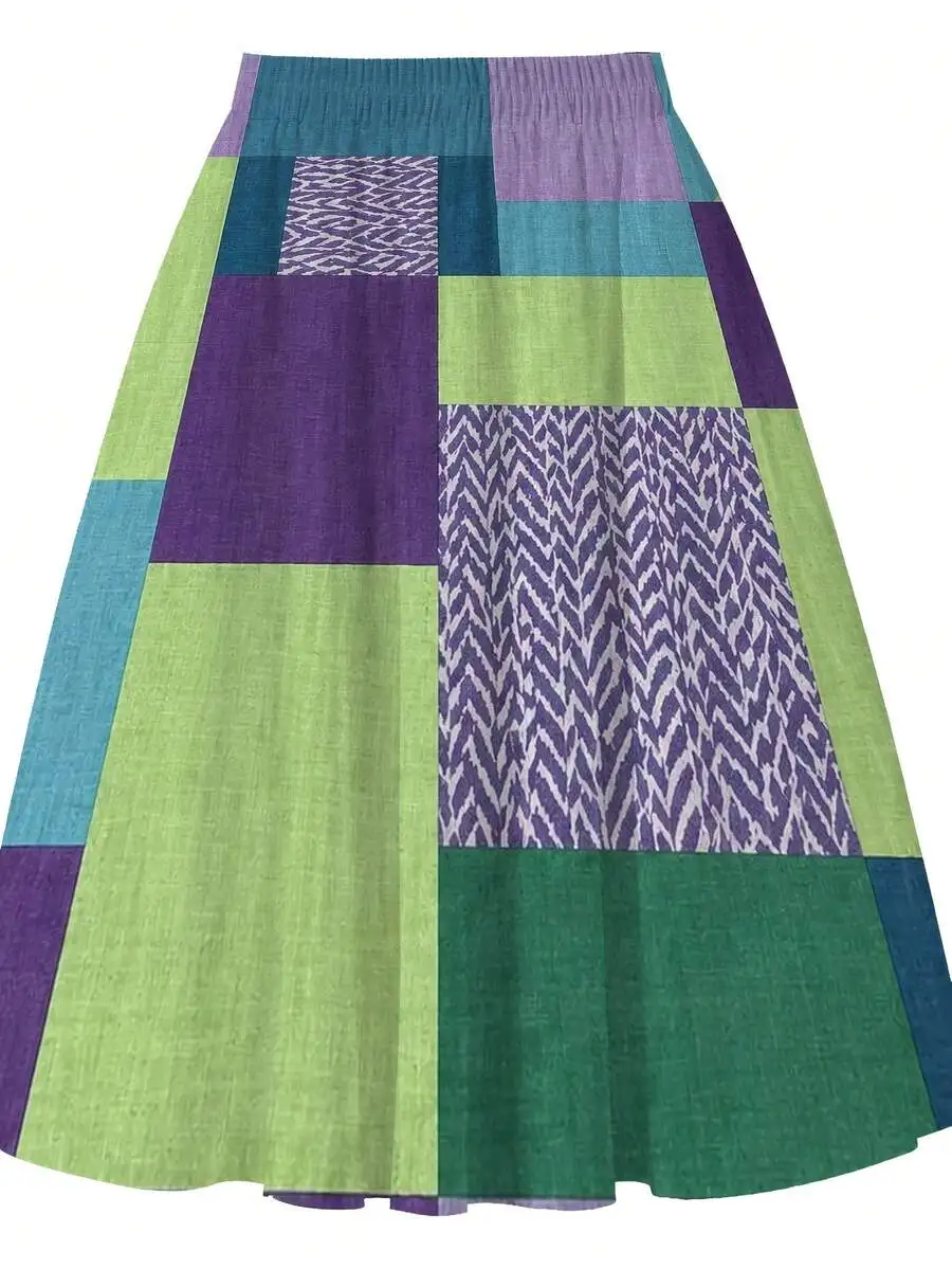 

Oversized Womens Patchwork Midi Skirt With Geometric Print And Color Block Design