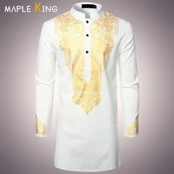 Longline White Shirts for Muslim Men Prayers Clothes Luxury African Style Gold Bronzing Printed Dress Men Costumes Arabic Shirt