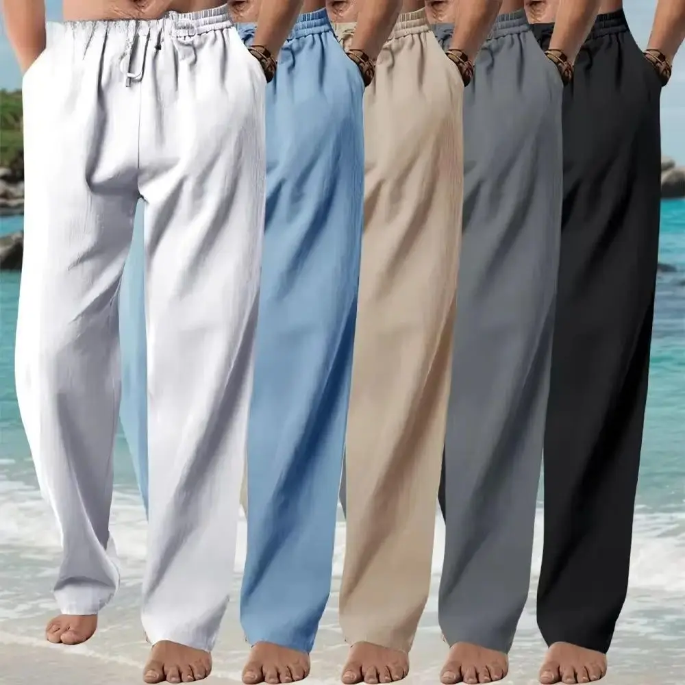 

Men's Casual Long Pants Summer Loose Breathable Beach Pants Solid Color Drawstring Elastic Waist Male Trousers