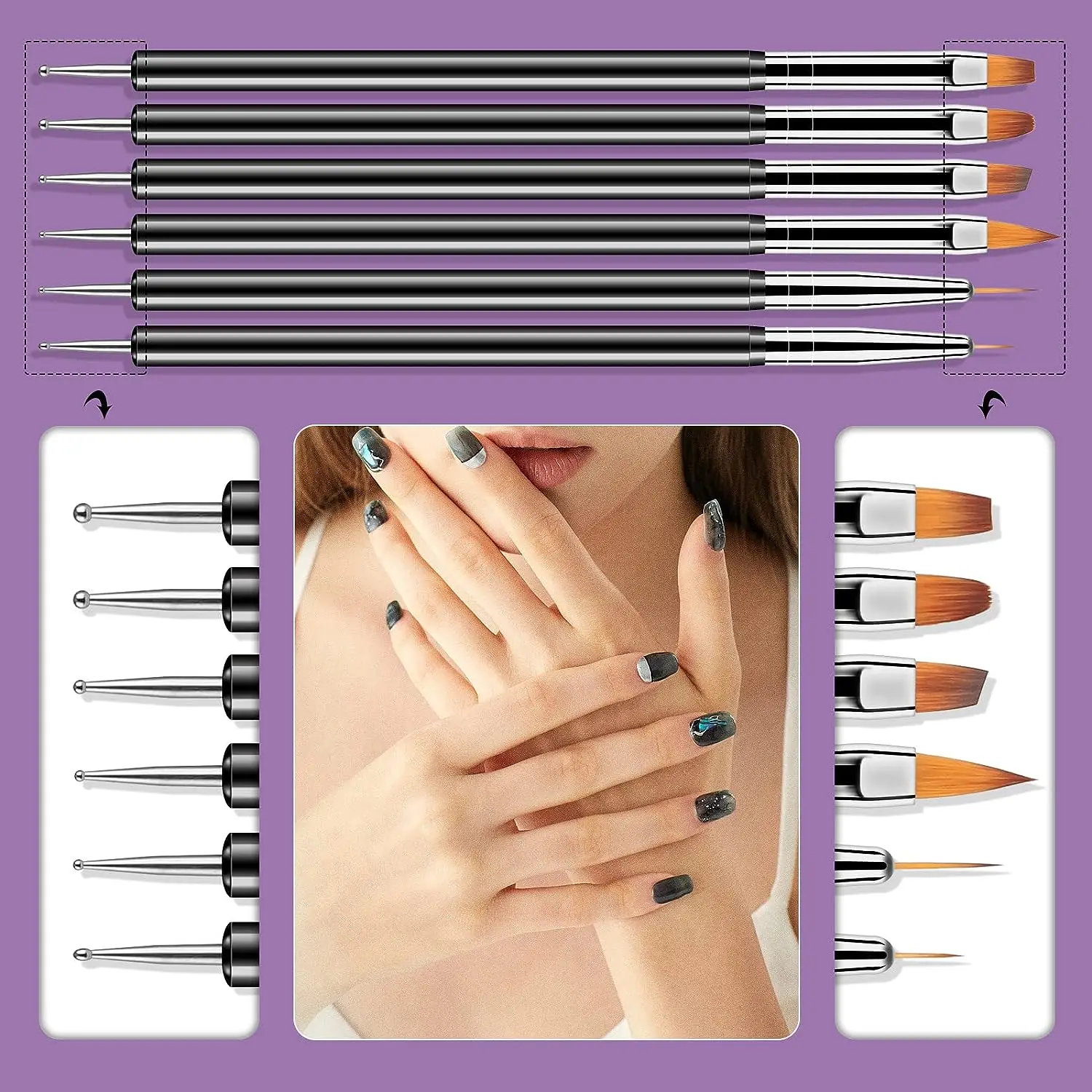 6/31Pcs Nail Art Brush Design Tip Painting Drawing Carving Dotting Pen FlatFan Liner Acrylic Gel UV Polish Manicure Tools