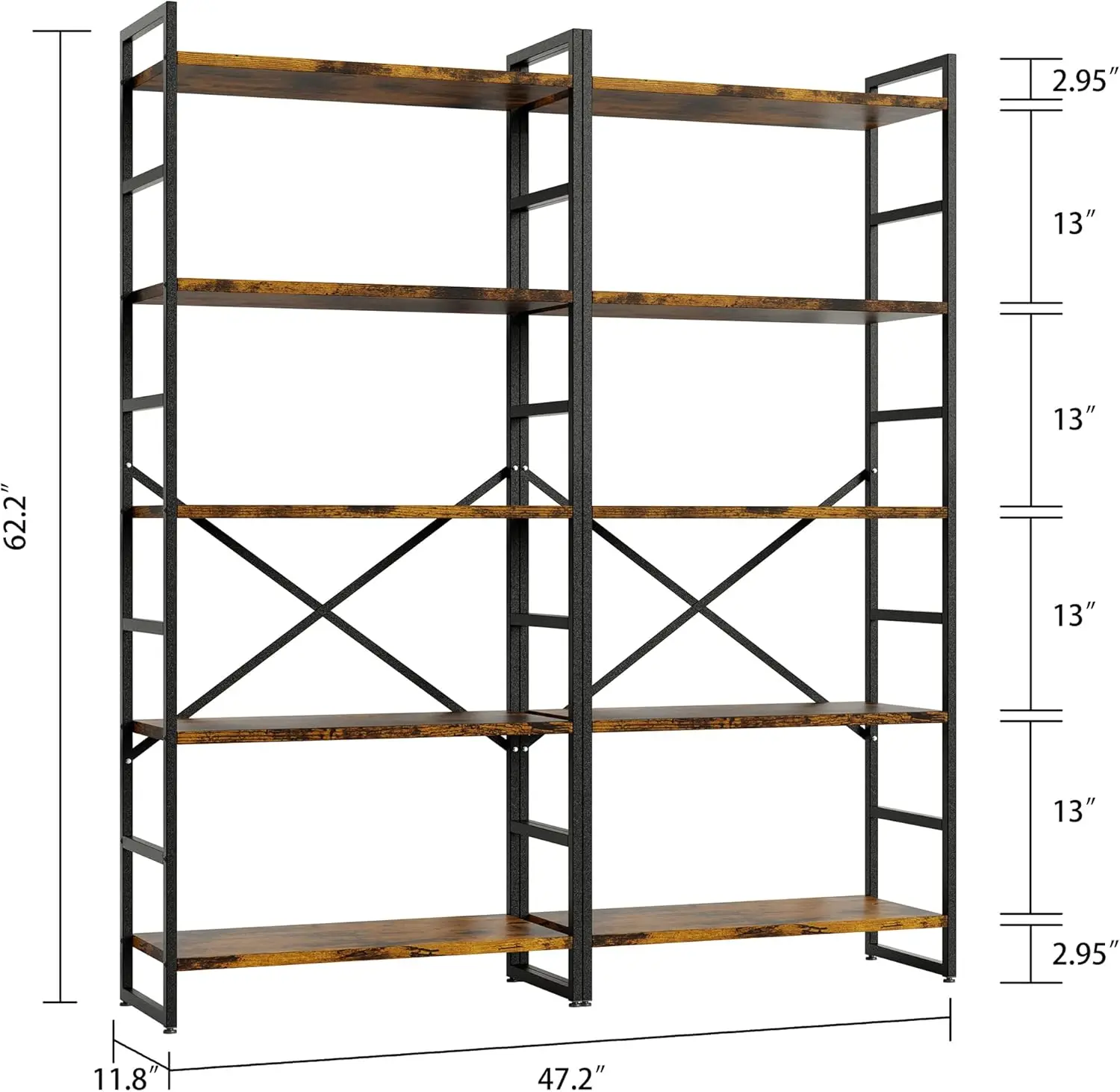 2 Pieces 5 Tiers Bookshelf,Industrial Book Rack, Modern Book Holder in Bedroom/Living Room/Home/Office, Storage Rack Shelves