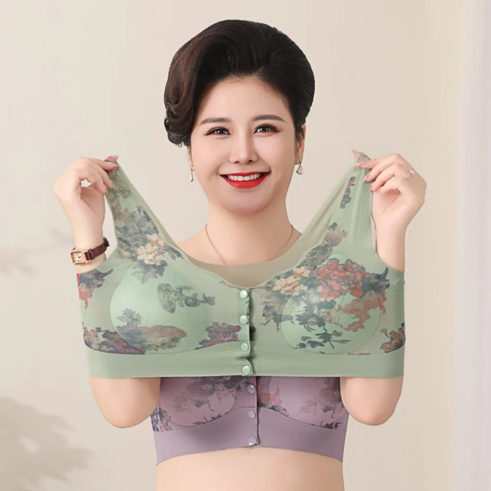 Floral Mother's Wireless Bra Large Size Front Buckle Seamless Underwear Close-fitting Beautiful Back Mid-aged Elderly Brassiere