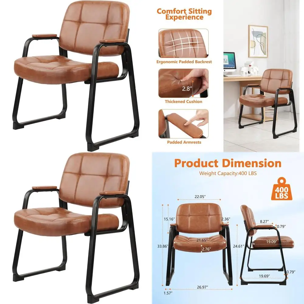 

Leather Padded Arm Guest Chairs for Office Reception, 400 lbs Capacity, Sled Base, Brown