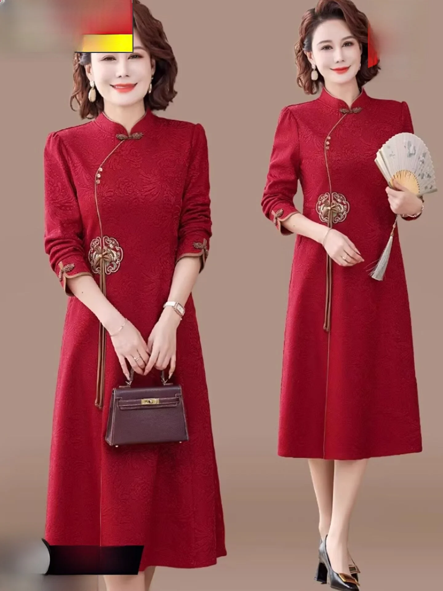 

Chengyuanxiang Spring New Wedding Dress Casual Style Long Sleeve Zipper Closure Mid-Length Single-Piece Elderly Women's Dress