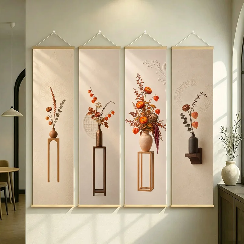 Orange Floral Wall Art 4-Panel Bright Berry Branch Vase Scroll Set on Beige Silver Shimmer Canvas for Autumn Dining Room Decor