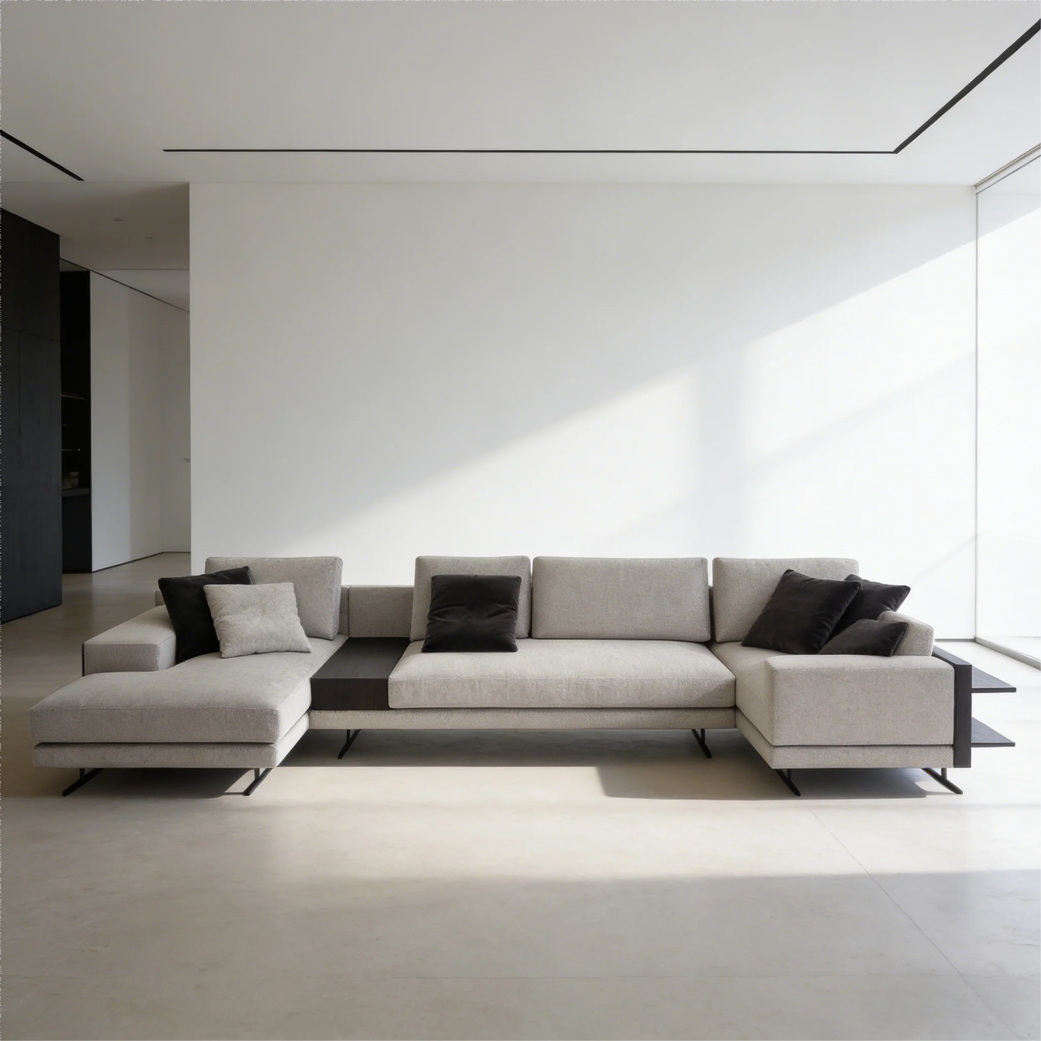 Light Beige Fabric L-shaped Modular Three Seat Sofa High-Density Sponge Black Wooden Side Table Modern High-end Living Room