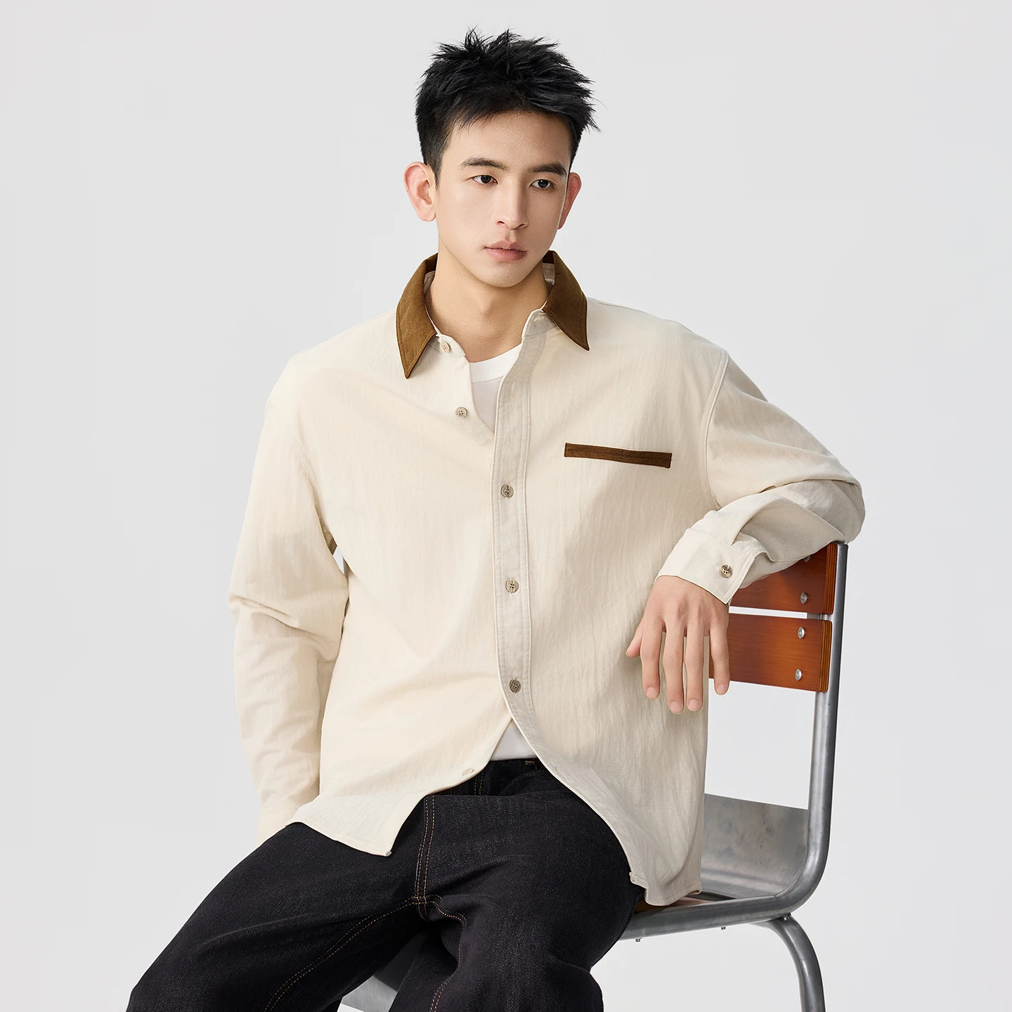 Male Autumn Clothes Tops Men's Spring New Splice Fashion Loose Casual Vintage Long Sleeve Commute Shirt Cityboy Oversize Shirts