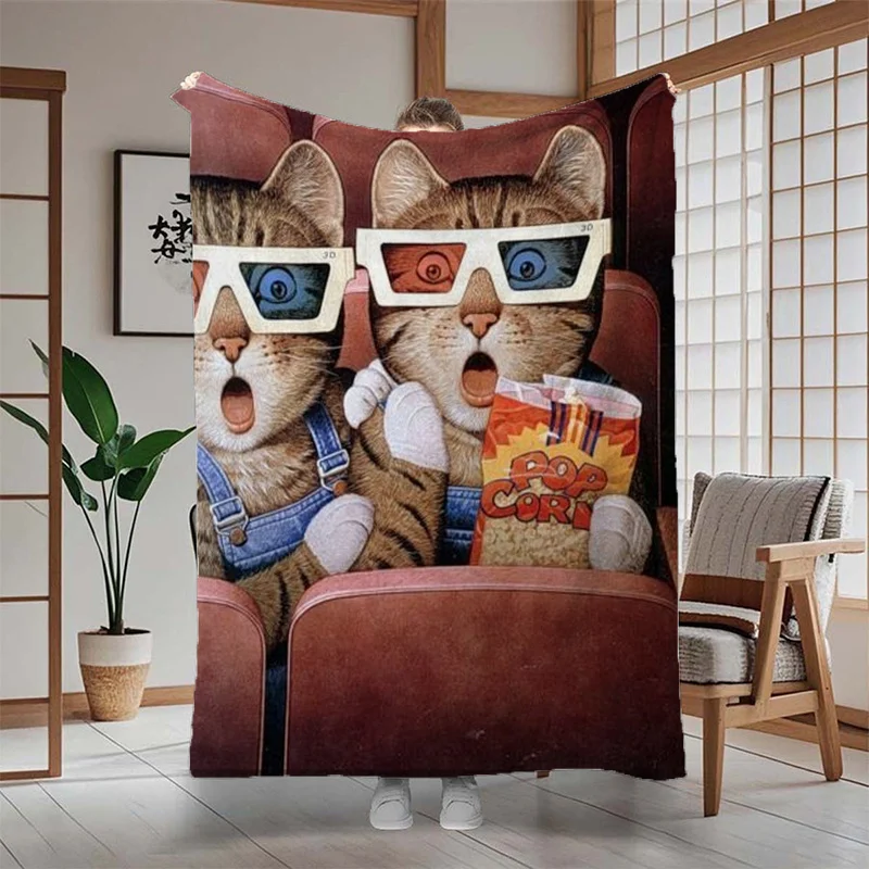Two Cats Watching a Movie Flannel Blanket | Ideal for Home Party, Bedroom Decor, Gift for Christmas, Valentine's, Weddings