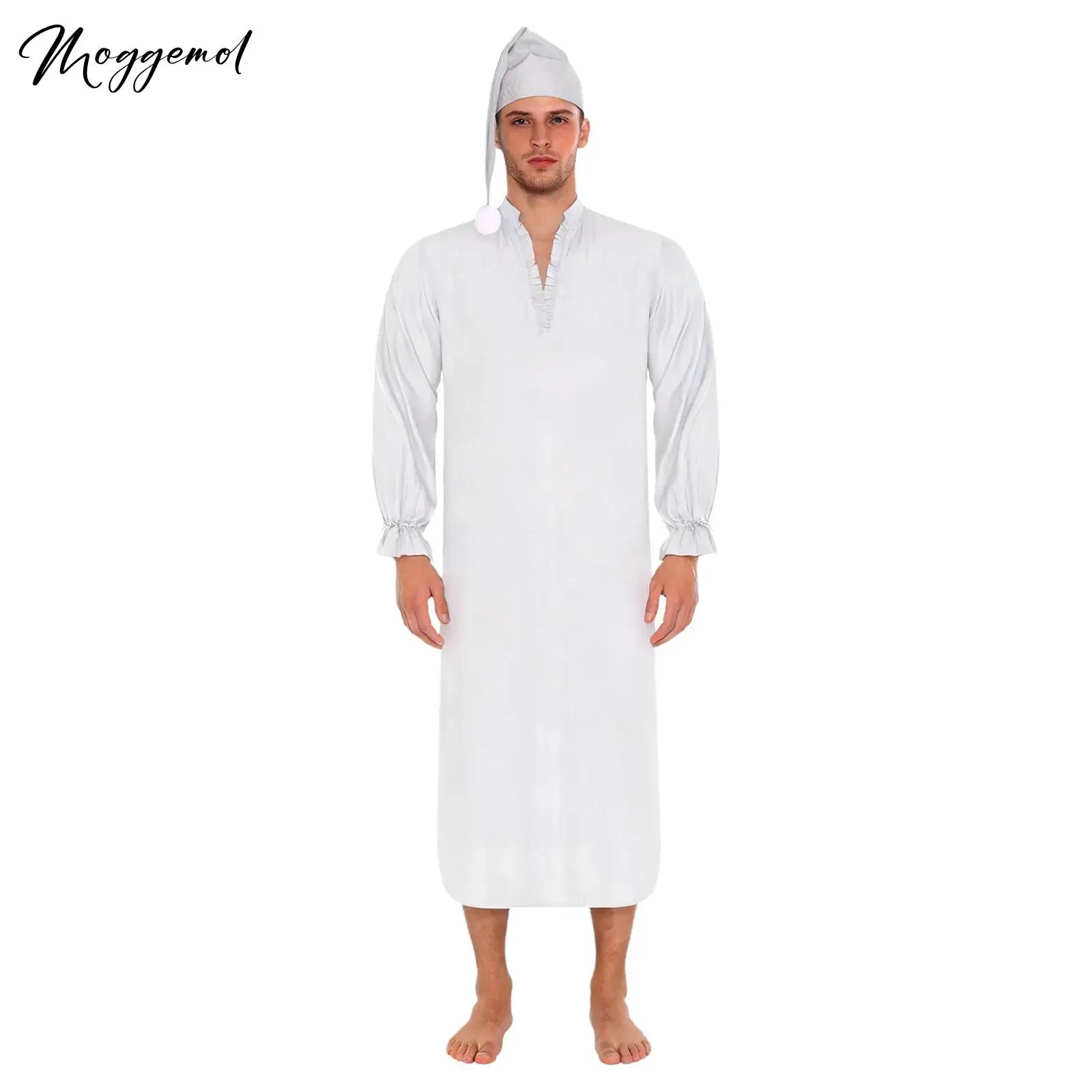 

Mens Vintage Nightgown Pajamas with Sleeping Hat V Neck Ruffled Trim Long Sleeve with Drawstring Cuffs Loos Sleep Robe Dress