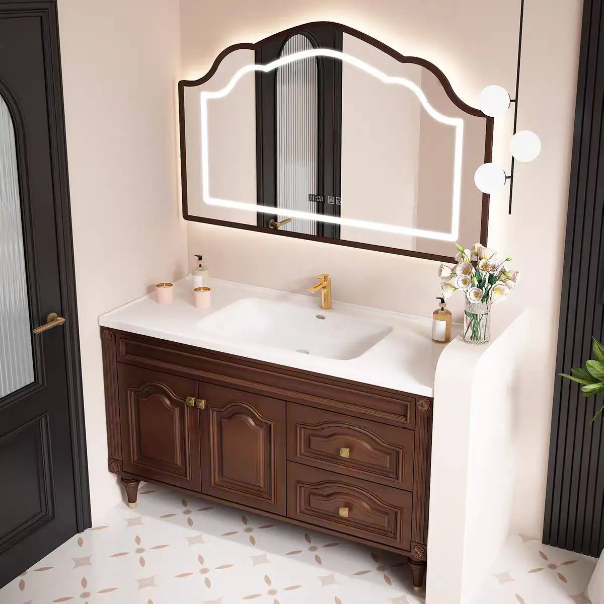 

Комплект мебели для ванной из массива дерева, встроенный керамический умывальник, напольная тумба-умывальник от пола до потолка.