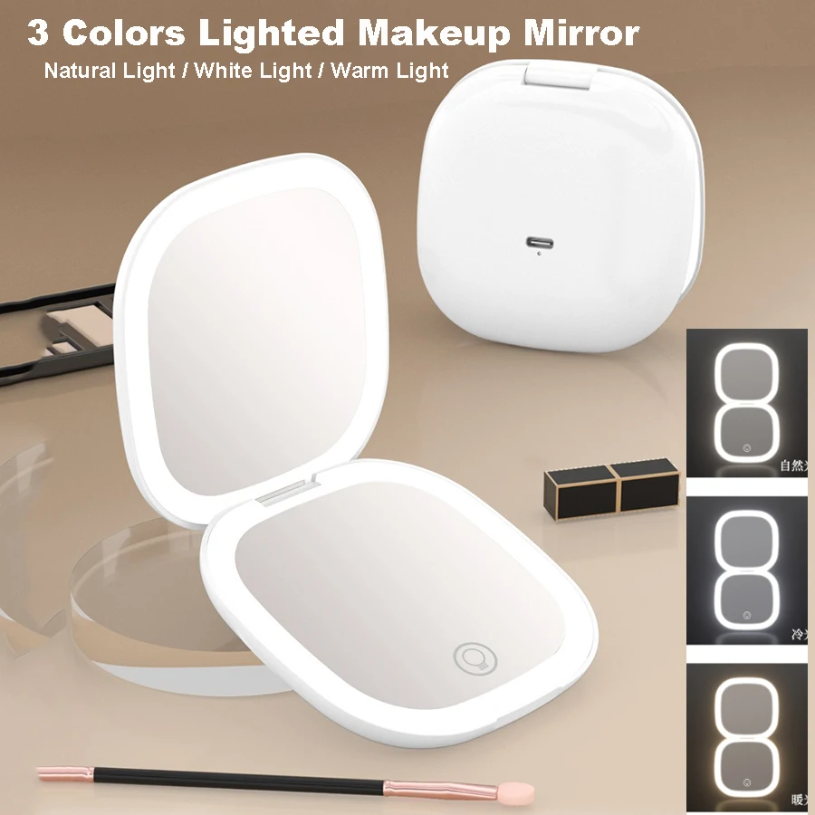 Specchio per trucco tascabile portatile con luci LED a 3 colori Specchio da viaggio con ingrandimento 5X per il trucco del corpo pieghevole compatto e carino