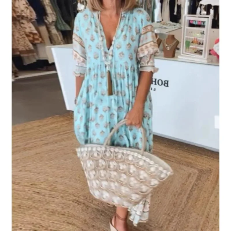 Women's Boho Printed Chic V-neck Long Dresses 2025 Summer Spring Pocket Party Dress Fall Half Lantern Sleeve Ruffles Vestidos