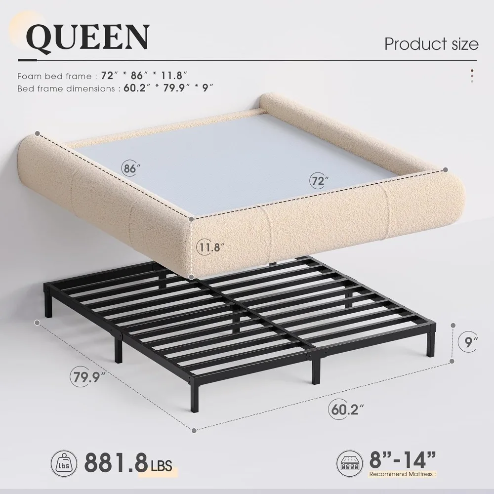 Cloud Bed Frame,Soft Queen Bed Frame with Anti-Collision Rounded Corners,Easy Assembly,Bed Frame Queen Size, Customized