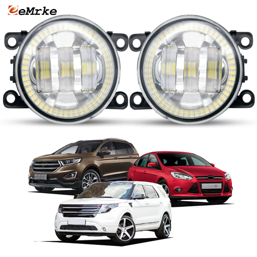 LED Car Fog Lights Assembly for Ford Edge 2015-2018 Explorer 5 U502 Focus 3 w/ Lens Angel Eyes DRL Front Daytime Running Lamp