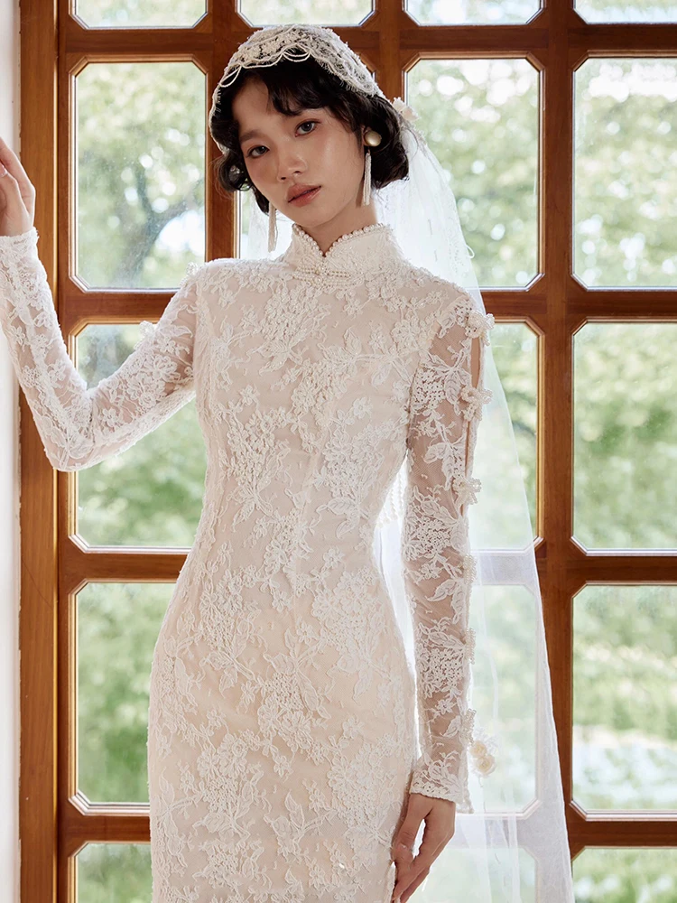 

Элегантное винтажное свадебное платье с длинными рукавами и кружевом для невысоких женщин, для свадьбы на открытом воздухе