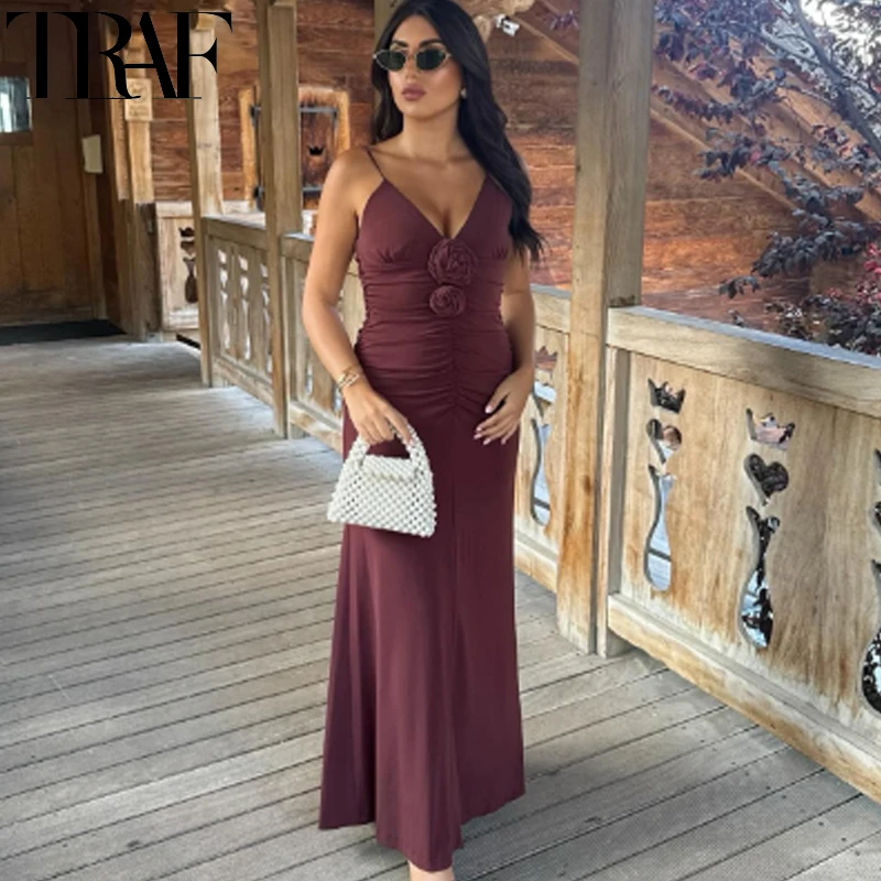 TRAF Women Dresses Flower Slip Long Dresses Sleeveless Pleated Midi Dress Woman Summer Bodycon Party Dresses Sexy Backless Dress