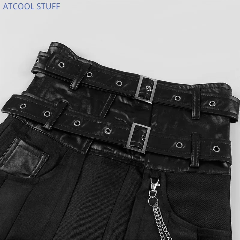 Punk Pleated Skirt Open Front Men\'s Gothic Leather Belt Medieval Roman Warrior Kilt Metal Chian Harujuku Stylish Clothing