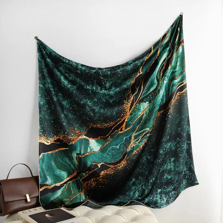 

Green aurora Satin Mulberry Silk Scarf Women Square Big Bandana Herm Rolled Shawls Foulard Bandanas Stole Decoration Gift 110CM