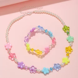 2Pcs/set Princess Small Flower Charm Necklace with Bracelet Jewelry Set for Girls Daughter Niece Best Party Birthday Gifts
