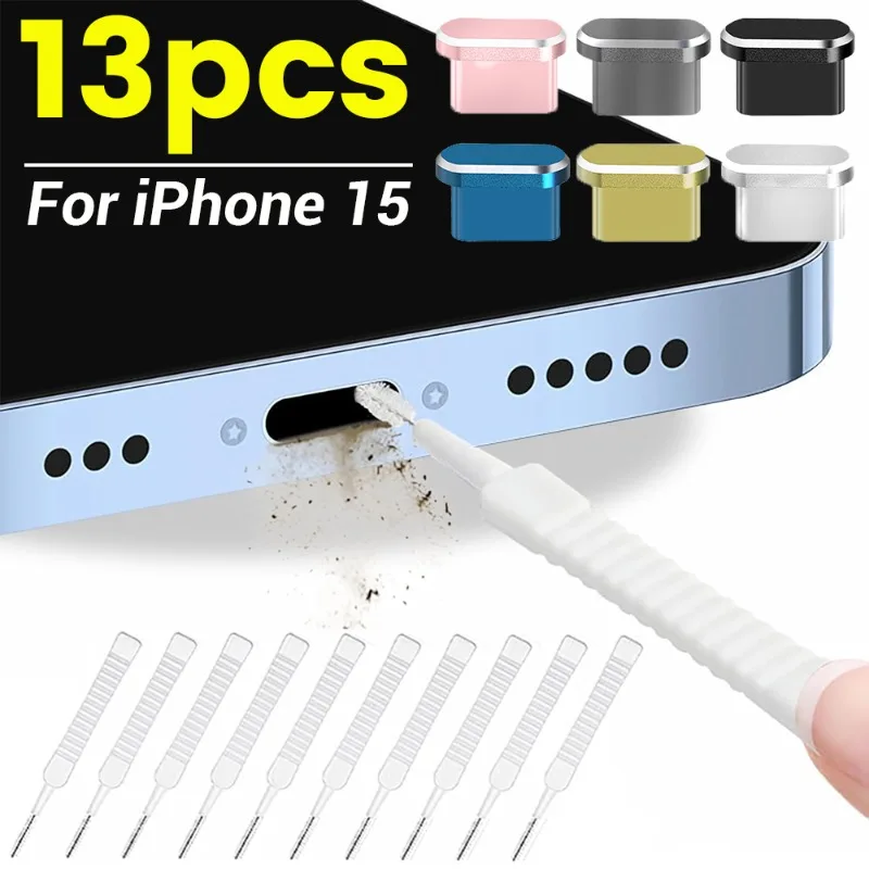 For iPhone 15 Series Metal Phone Dust Plugs Charging Port Anti-dust Cleaning Brush Cleaner Kit for iPhone 15 Pro Max/15 Plus