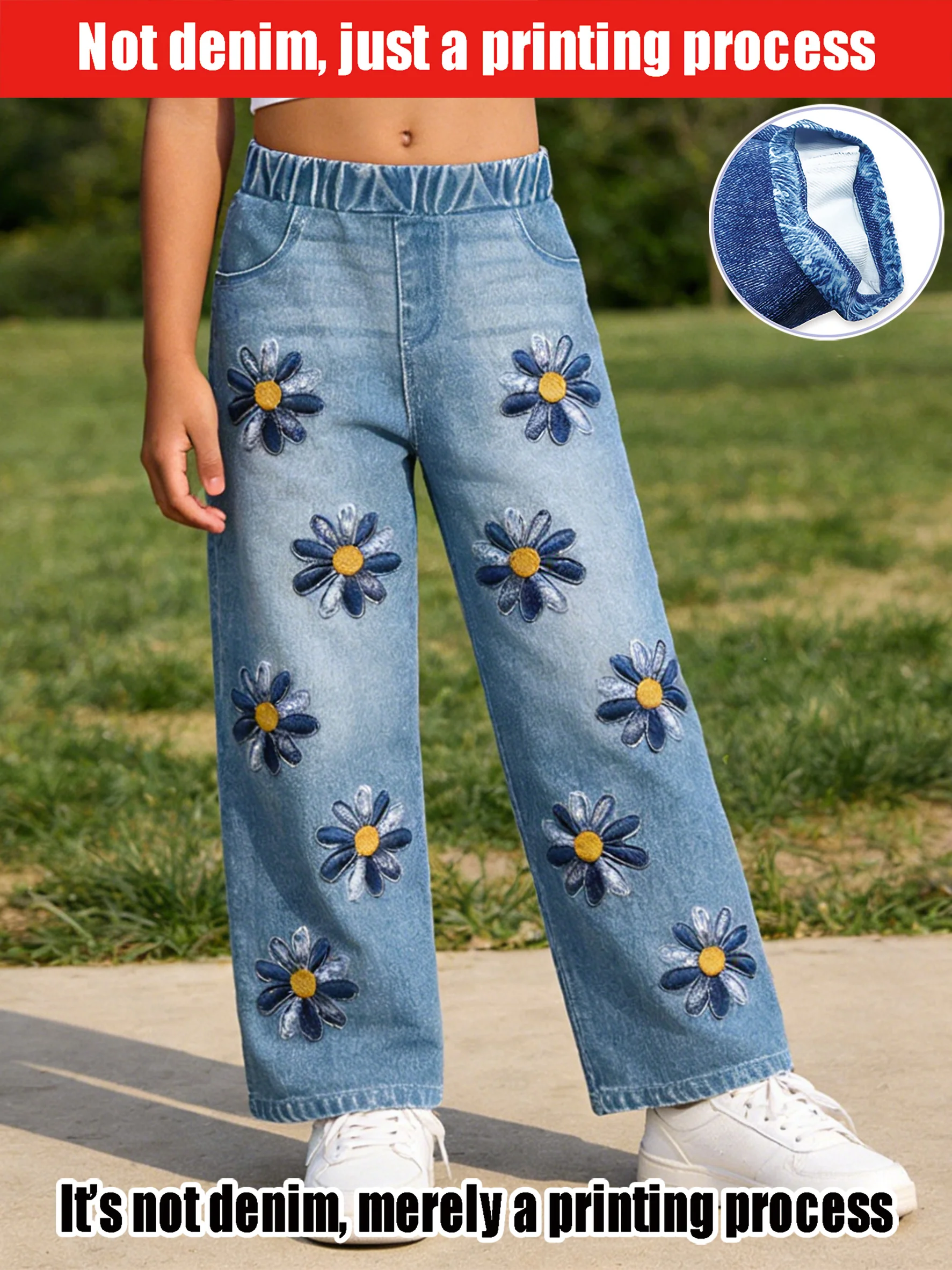 2026 children's light blue imitation denim wide-leg pants, blue, white and yellow daisies embroidered decoration