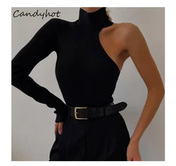 Candyhot seksowne body na jedno ramię eleganckie kobiety Y2K nieregularne z długim rękawem obcisłe topy letnia moda Streetwear body