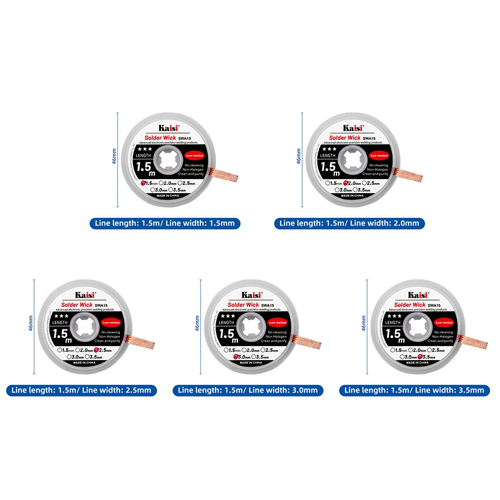 10pcs/lot Kaisi Solder Wick 1.5mm 2mm 2.5mm 3mm 3.5mm Width 1.5M Length Desoldering Braid Welding Remover Wire BGA Repair Tool