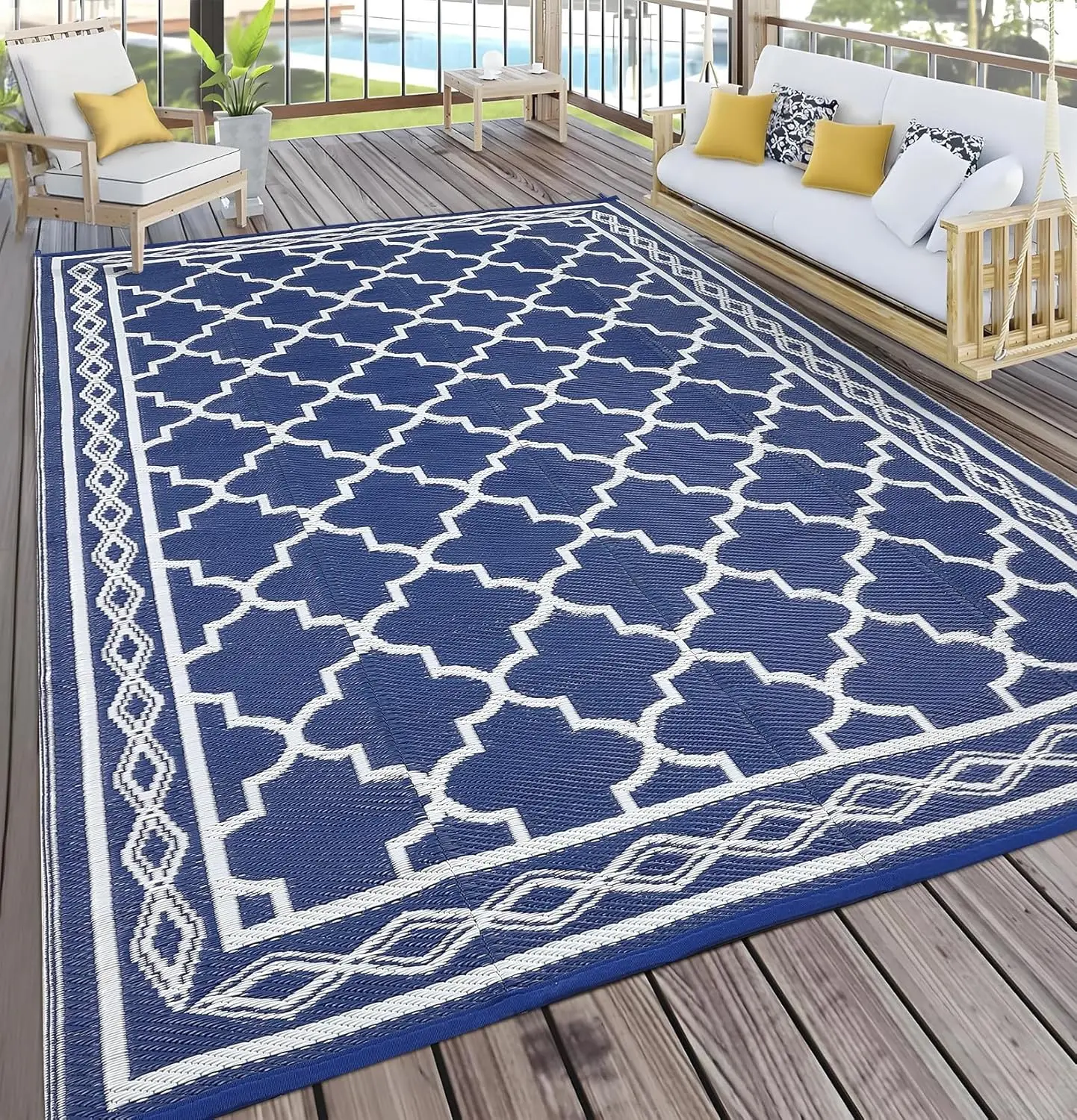10x14 ft Outdoor Rug for Patio Clearance – Waterproof Large Camping Mat, Reversible Plastic Straw Rug for RV, Camper, Balcony, Backyard, Picnic, Deck – Dark Blue/White
