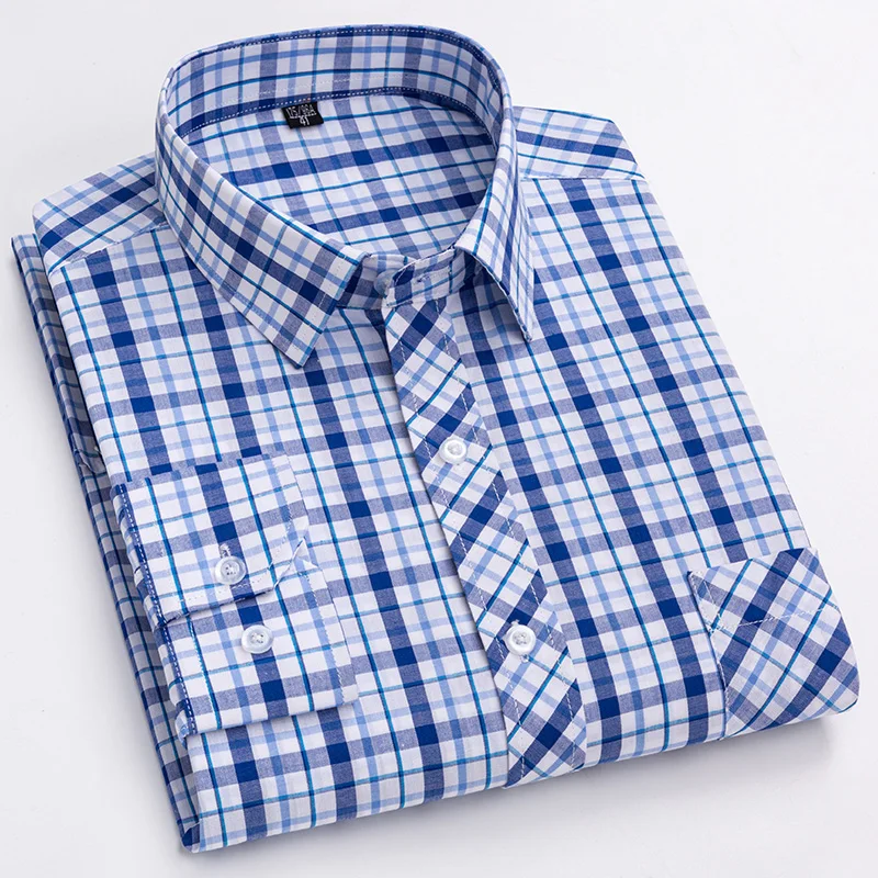 Camisa de algodón Oxford a cuadros informal versátil para hombre, bolsillo frontal en el pecho, ajuste Regular, botón de un solo pecho, cuello grueso