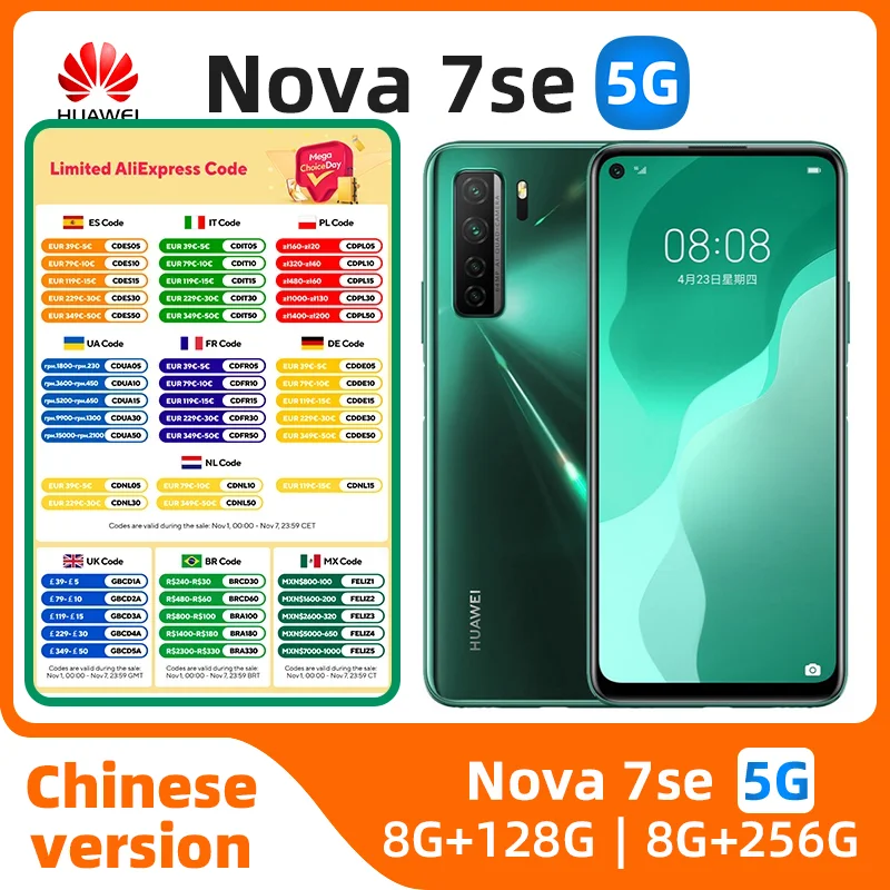 

HUAWEI nova 7 SE 5g Smartphone 6.5 inch SuperCharge 40W 4000mAh Mobile phones 64MP Camera CPU Kirin 820 5g Original used phone