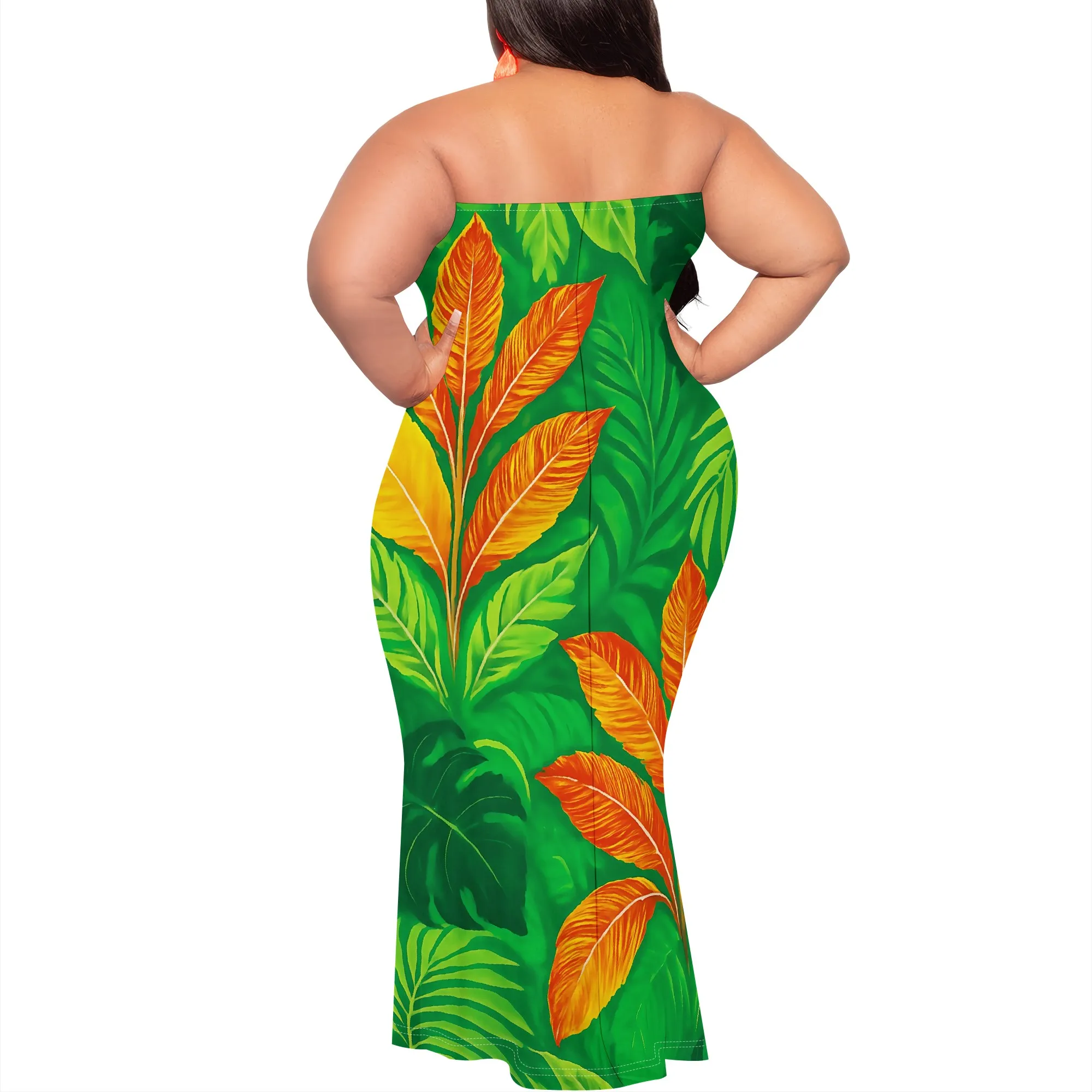 Tropical Leaf Strapless Maxi Dress XL-6XL Bodycon Fit Style for Beach Vacation, Island Getaway or Summer Party Look