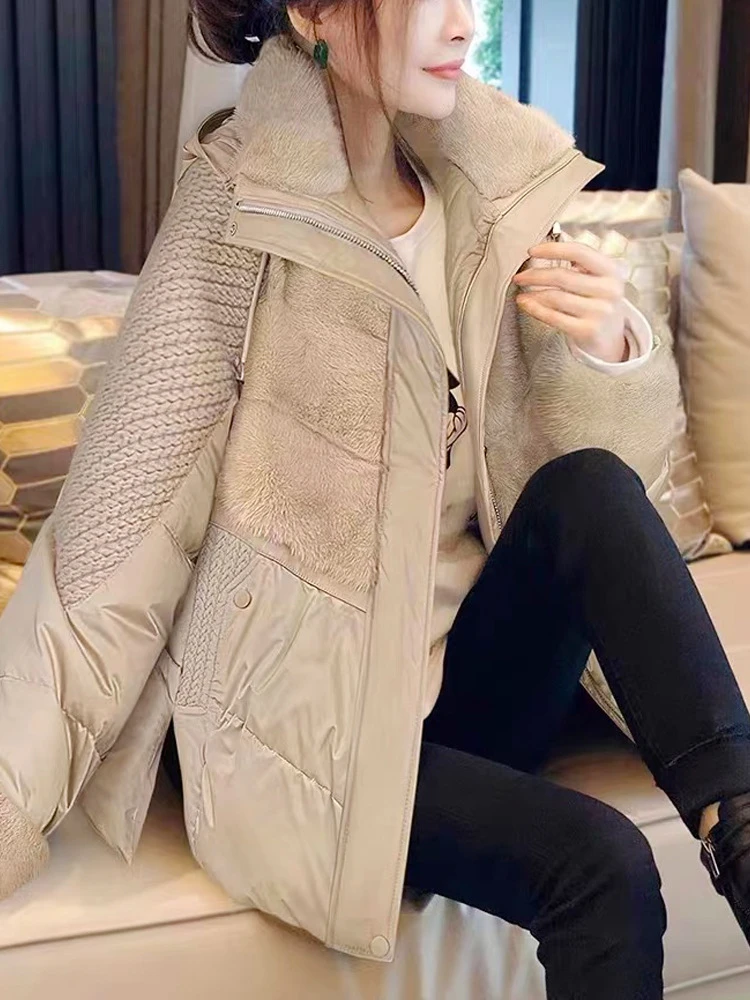 2024 Winter Women Coat  Fashion Knitted Splicing Mink Hair Down Jacket White Duck Down Thicker Warm Hooded Loose Overcoat