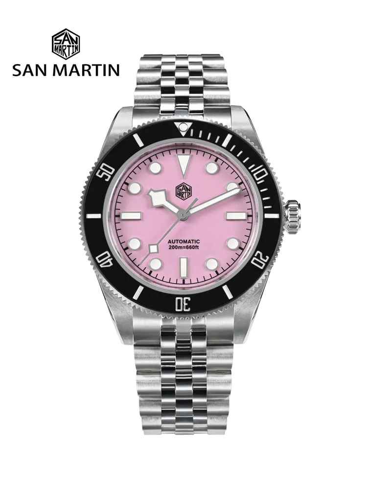 San Martin 40mm Pink BB Diver Watch NH35 Top Brand Classic Luxury Men's Automatic Mechanical Sapphire Waterproof 200m SN0128