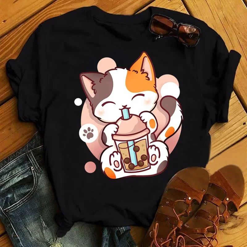 Camiseta con estampado de té de leche de dibujos animados Kawaii para mujer, camisetas casuales de moda para niñas de los años 9