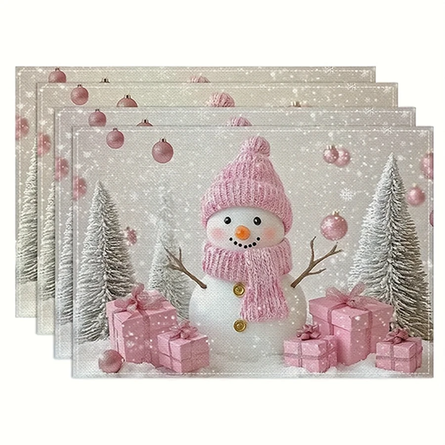 

6PCS Pink Christmas Table Decorations Placemats with Snowmen Balls And Gifts Design for Christmas Party Table Decor