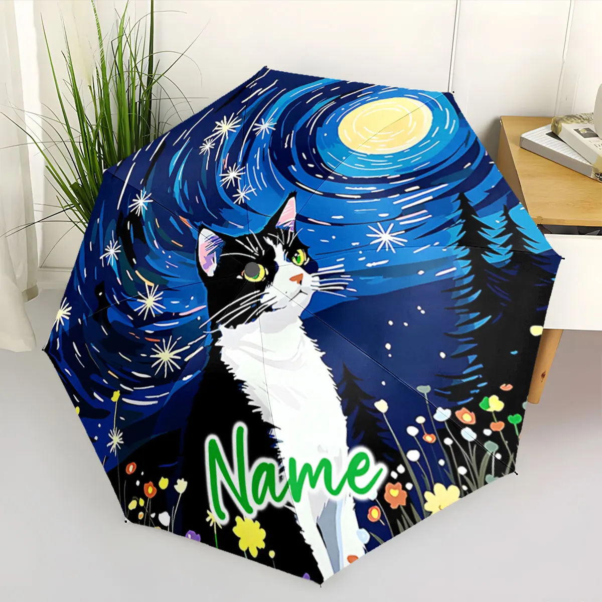 Custom Name Umbrella Starry Night Cat Umbrella Design Print 8 Iron Ribs Folding Umbrella Auto-Open Fashion Sunshade