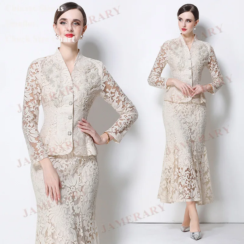 

Summer Luxury Pearls Formal Evening Two Piece Set Women Long Sleeve Sheath Dresses Lace Blouse Maxi Skirts Suits 2pcs Outfit