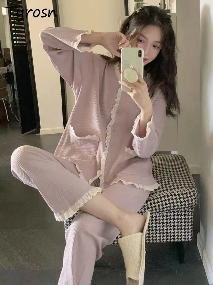 

Pajama Sets Women Design Loose Fashion Leisure Lounge Wear Simple Lace Students Korean Style Autumn Princess Cozy Patchwork Ins