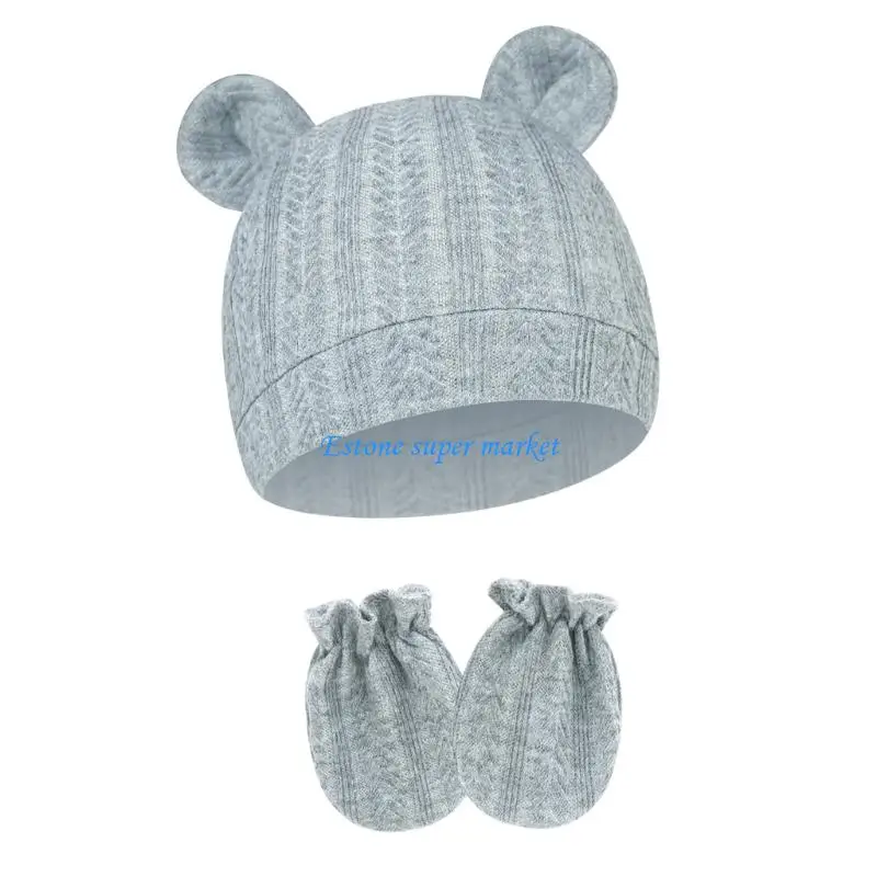 090B Baby Boy Girl Gloves Hat Set Cotton Blend Bear Ear Caps Gloves for Toddler