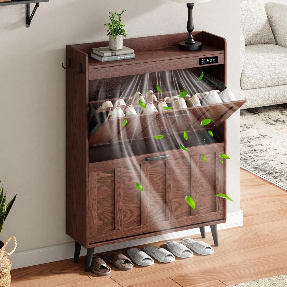

Shoe Storage Cabinet with 2 Flip Down Doors Freestanding Narrow Organizer Rack for Entryway