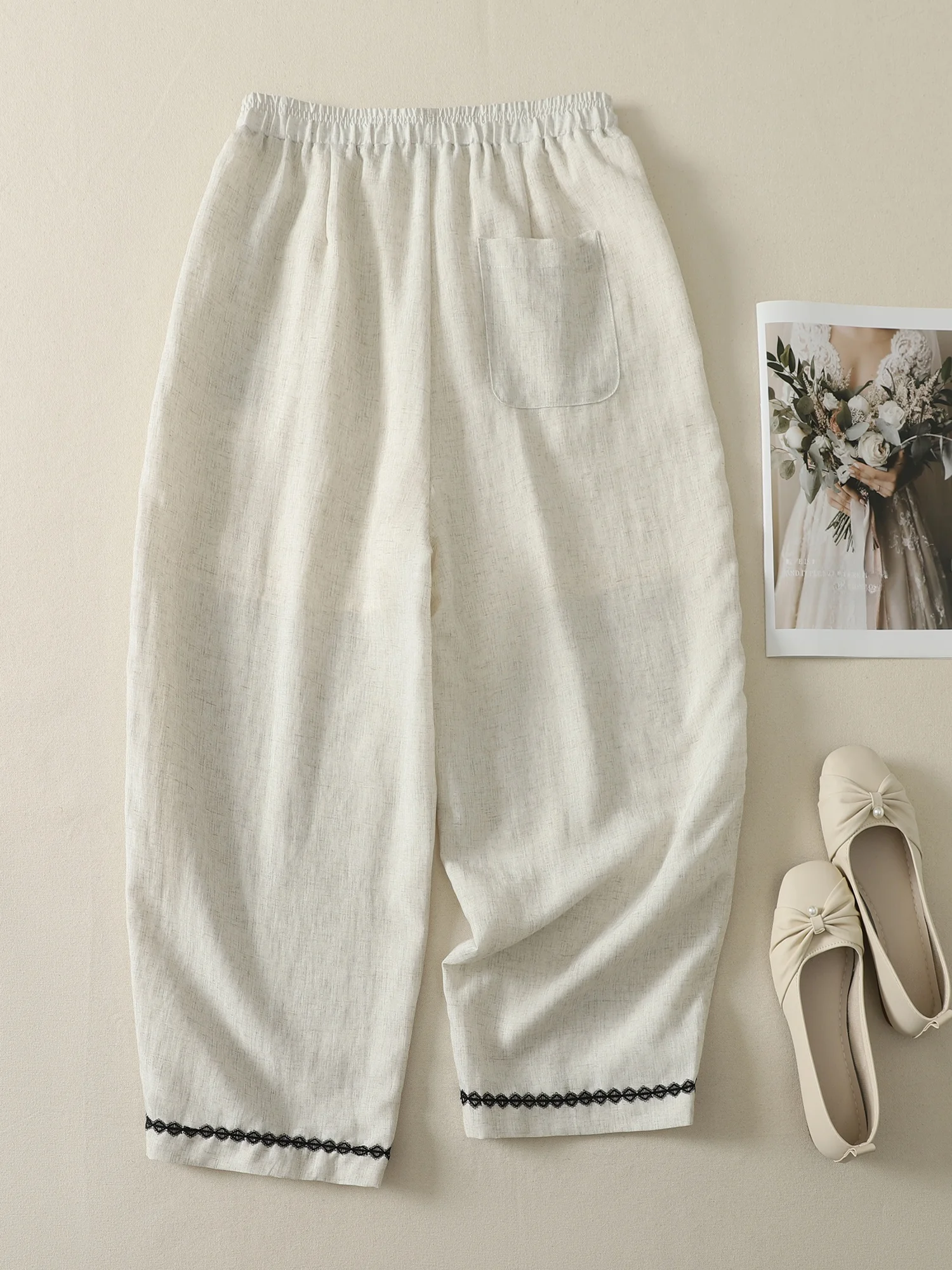 

Artistic Linen Wide Leg Pants Women's Summer New Style High Waist Loose Fit Patchwork Lace Hem Thin Nine Points