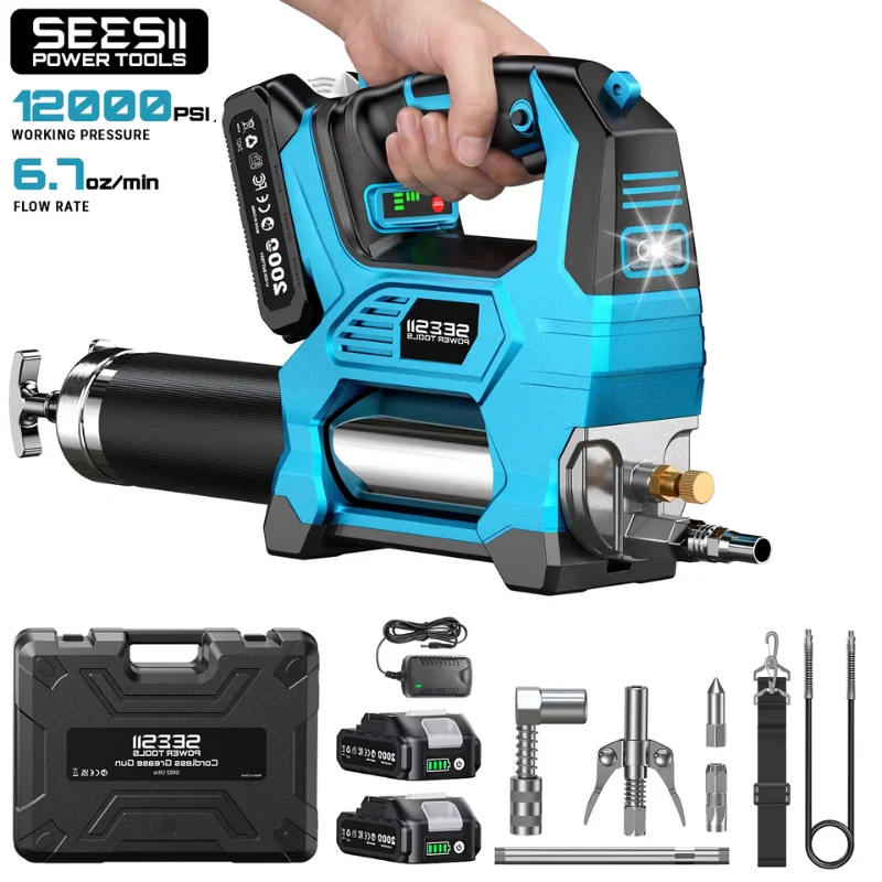 SEESII GR02 Ultra 12000PSI Electric Grease Gun Kit Cordless Brushless High Pressure Greasing Machine Oil Tool Set with 2.0Ah Battery 39.4" Flexible Hose LED Light