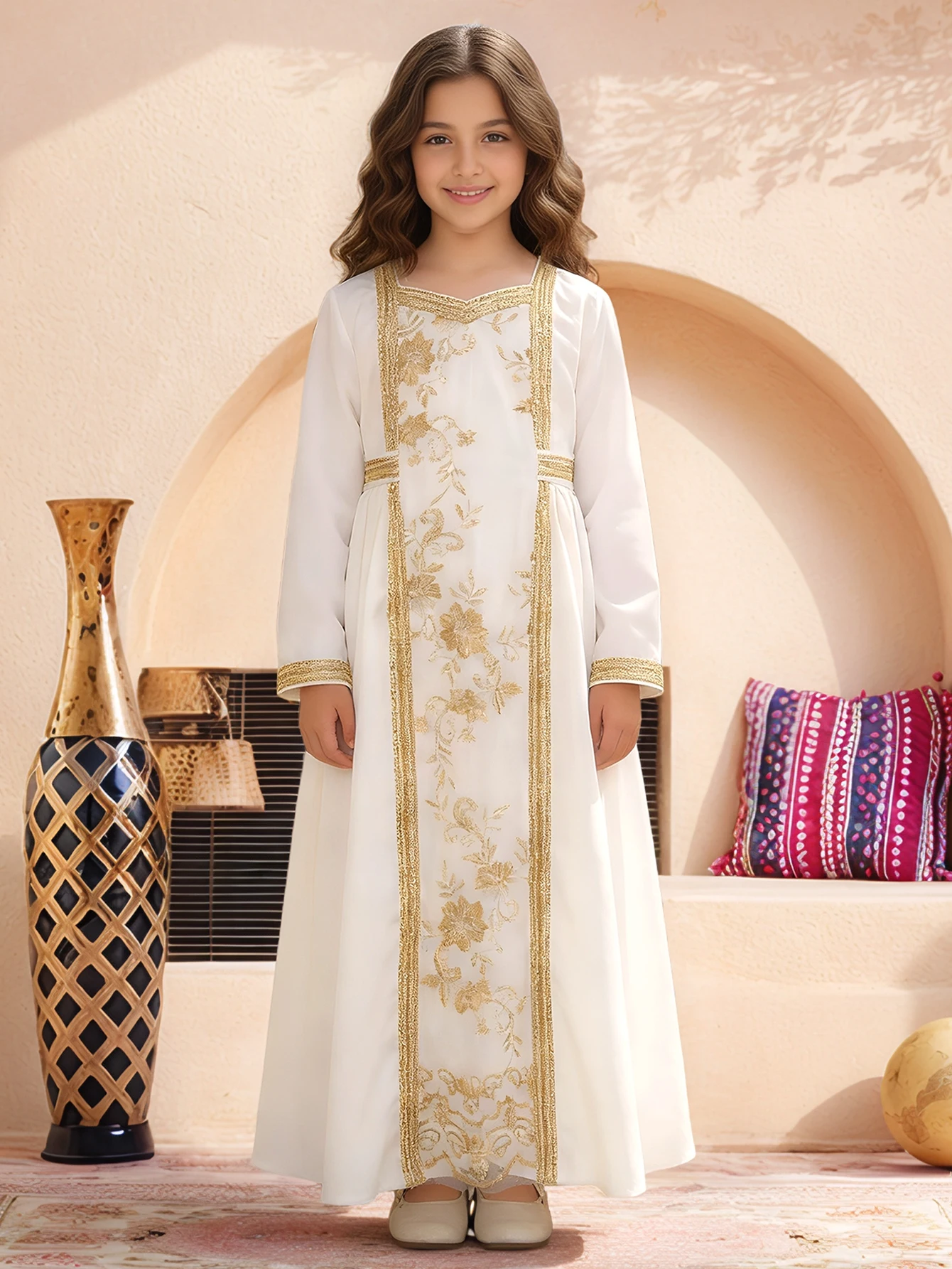 Weißgold Schwer Bestickte Mädchen-Abaya Muslimische Kinder Arabische Robe Tägliches / Festliches Mehrzweck-Outfit – Detail 5